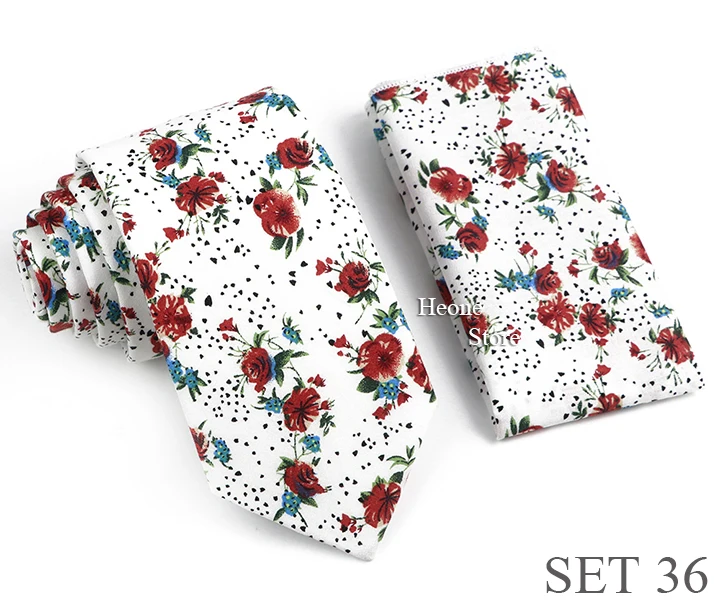 Novelty Floral Cotton Mens Casual Tie Set Fit Wedding Party Green Pink Blue Necktie Pocket Square Romantic Gravata Accessory