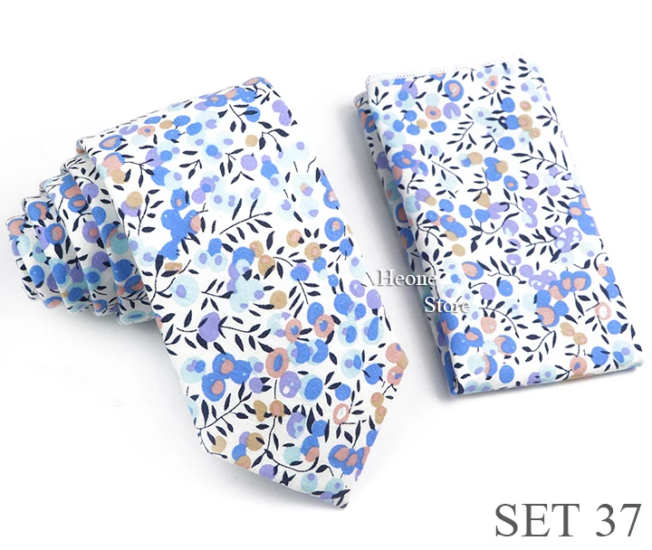 Novelty Floral Cotton Mens Casual Tie Set Fit Wedding Party Green Pink Blue Necktie Pocket Square Romantic Gravata Accessory