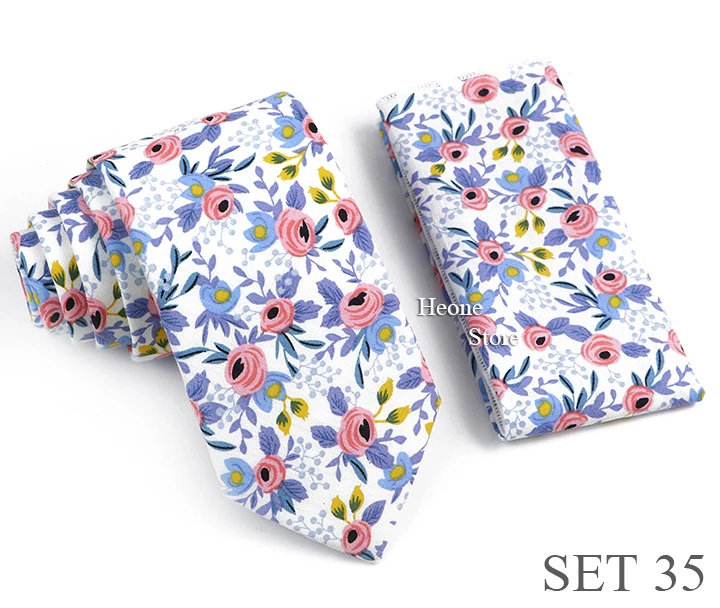 Novelty Floral Cotton Mens Casual Tie Set Fit Wedding Party Green Pink Blue Necktie Pocket Square Romantic Gravata Accessory