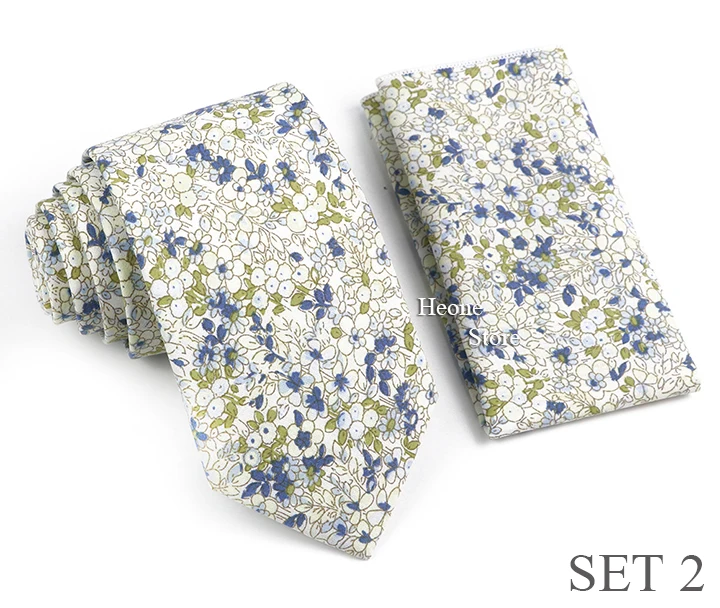 Novelty Floral Cotton Mens Casual Tie Set Fit Wedding Party Green Pink Blue Necktie Pocket Square Romantic Gravata Accessory
