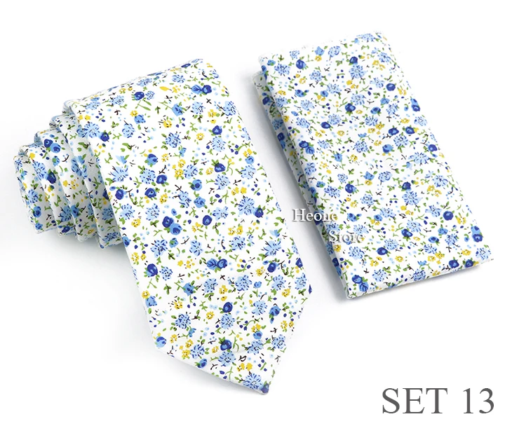 Novelty Floral Cotton Mens Casual Tie Set Fit Wedding Party Green Pink Blue Necktie Pocket Square Romantic Gravata Accessory