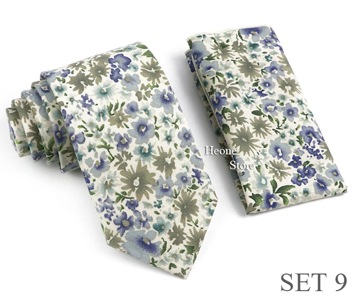 Novelty Floral Cotton Mens Casual Tie Set Fit Wedding Party Green Pink Blue Necktie Pocket Square Romantic Gravata Accessory