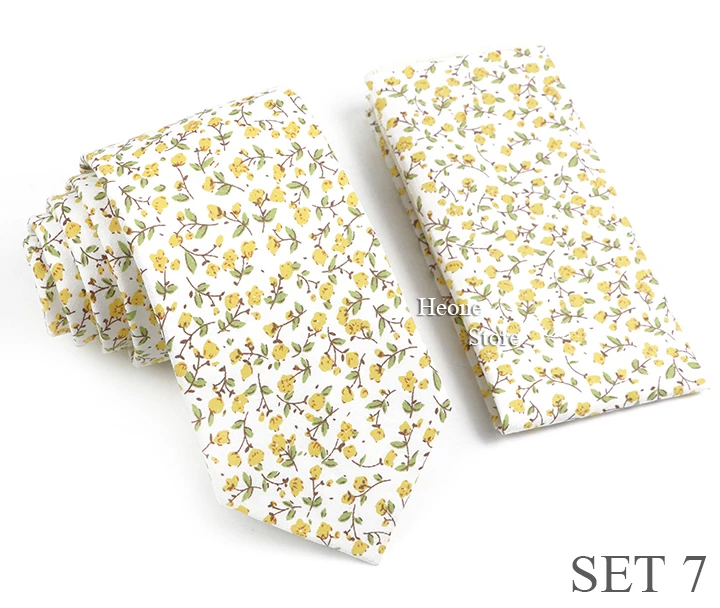 Novelty Floral Cotton Mens Casual Tie Set Fit Wedding Party Green Pink Blue Necktie Pocket Square Romantic Gravata Accessory