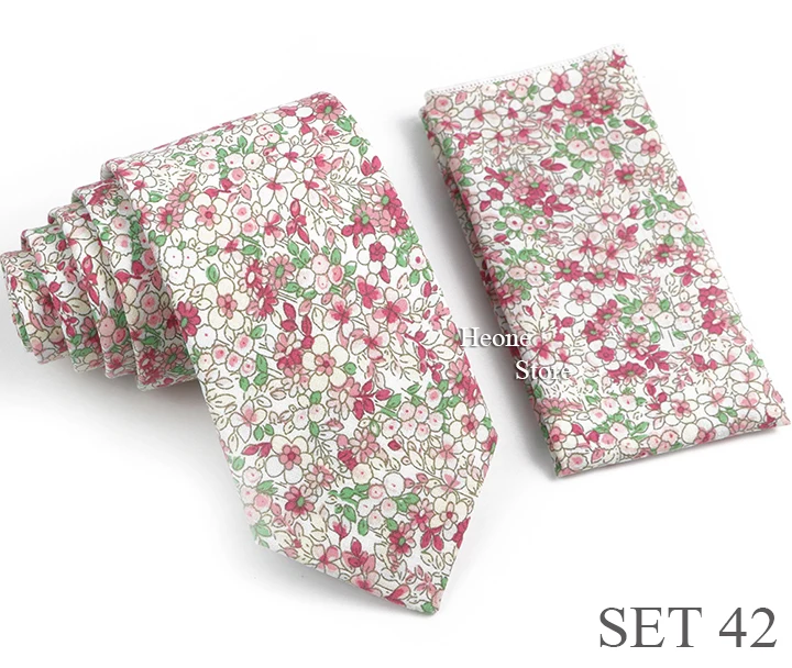 Novelty Floral Cotton Mens Casual Tie Set Fit Wedding Party Green Pink Blue Necktie Pocket Square Romantic Gravata Accessory