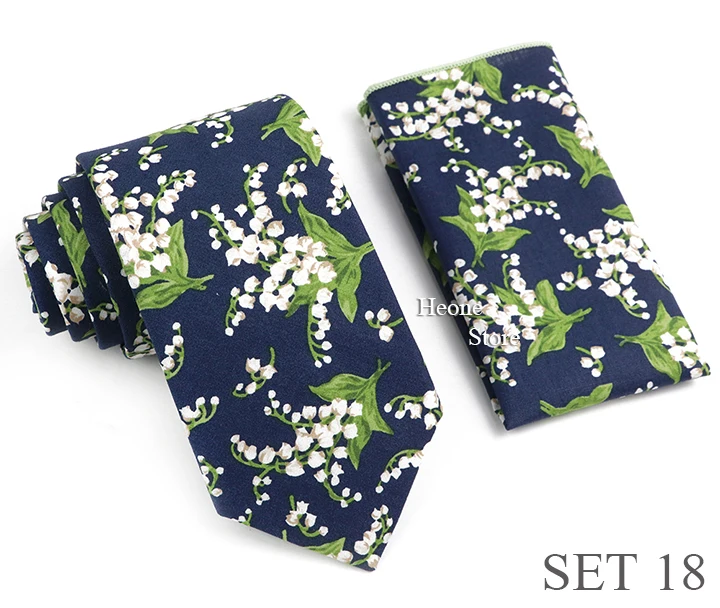 Novelty Floral Cotton Mens Casual Tie Set Fit Wedding Party Green Pink Blue Necktie Pocket Square Romantic Gravata Accessory