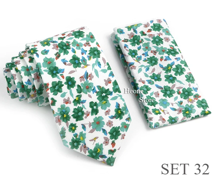 Novelty Floral Cotton Mens Casual Tie Set Fit Wedding Party Green Pink Blue Necktie Pocket Square Romantic Gravata Accessory