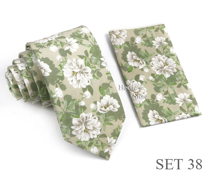 Novelty Floral Cotton Mens Casual Tie Set Fit Wedding Party Green Pink Blue Necktie Pocket Square Romantic Gravata Accessory