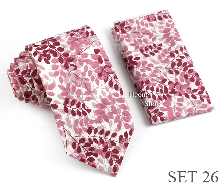 Novelty Floral Cotton Mens Casual Tie Set Fit Wedding Party Green Pink Blue Necktie Pocket Square Romantic Gravata Accessory