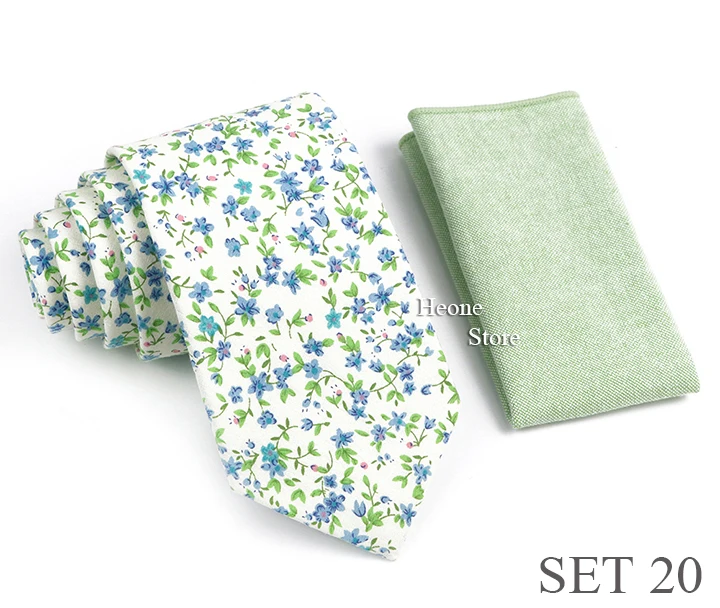 Novelty Floral Cotton Mens Casual Tie Set Fit Wedding Party Green Pink Blue Necktie Pocket Square Romantic Gravata Accessory