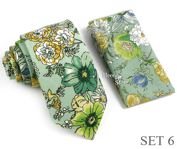 Novelty Floral Cotton Mens Casual Tie Set Fit Wedding Party Green Pink Blue Necktie Pocket Square Romantic Gravata Accessory