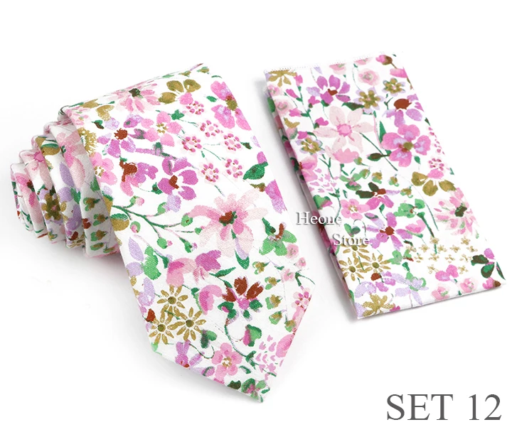 Novelty Floral Cotton Mens Casual Tie Set Fit Wedding Party Green Pink Blue Necktie Pocket Square Romantic Gravata Accessory