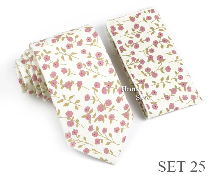 Novelty Floral Cotton Mens Casual Tie Set Fit Wedding Party Green Pink Blue Necktie Pocket Square Romantic Gravata Accessory