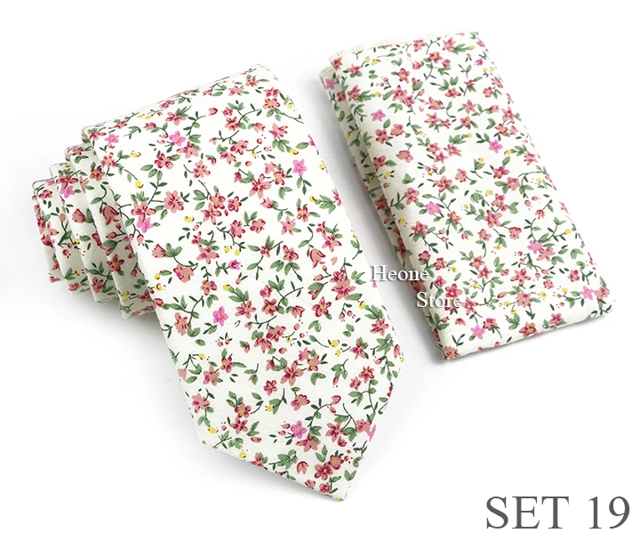 Novelty Floral Cotton Mens Casual Tie Set Fit Wedding Party Green Pink Blue Necktie Pocket Square Romantic Gravata Accessory