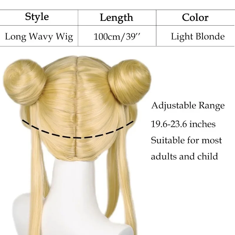 Sailor Moon Tsukino Usagi Long Curly Blonde Ponytails Wig with 2 Pongtails with Wig Cap for Halloween Costume Party