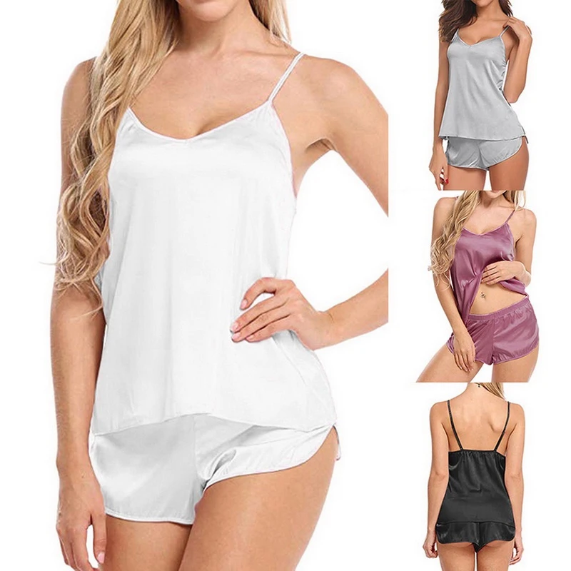Women Sexy Ice Silky Pajamas Nightclothes Sleepwear Camisole And Shorts White Black Gray L XL XXL Comfortable Casual Summer