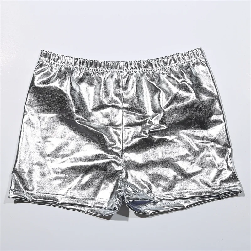 Women Yoga Shorts Silver Metallic Rave Booty Mid Waist Cheer Short PU Shiny Yoga Shorts Femme Fashion Sexy Clothes