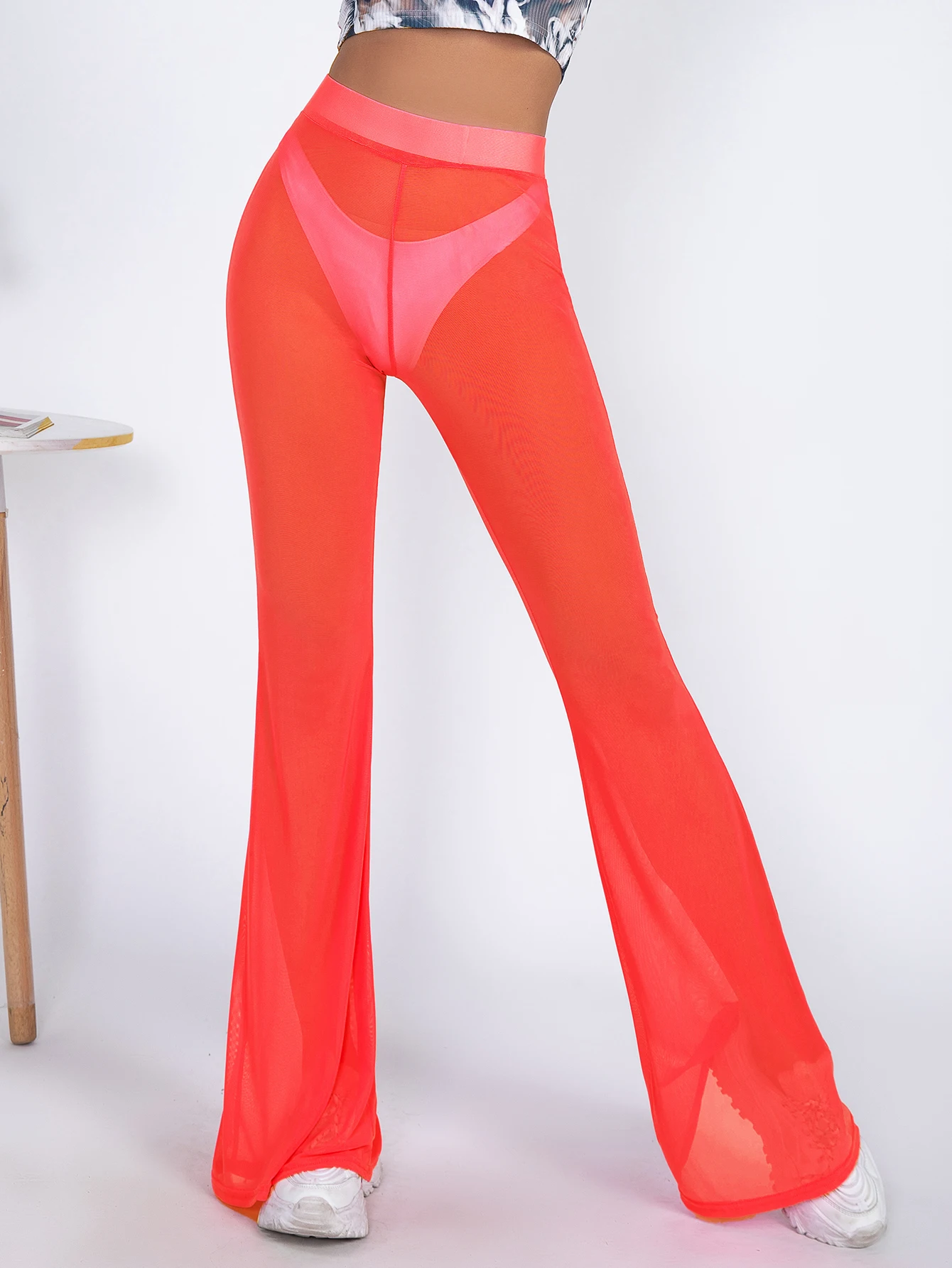 New Europe And The United States Selling Solid Color Mesh Horn Pants Summer Fashion Four-sided Splicing Mesh Bell Pants Women