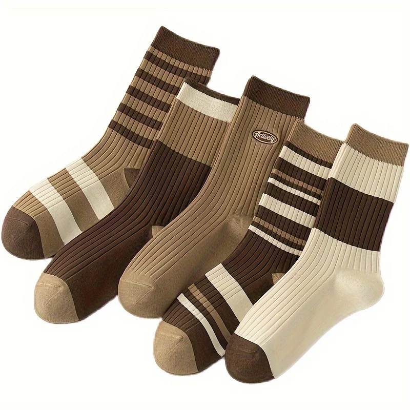 5 pairs of socks Maillard color mid length socks versatile and simple stacking socks college style brown socks