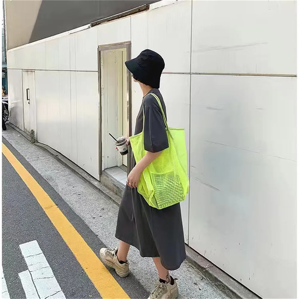 Women Mesh Beach Travel Shoulder Bags Large Capacity Casual Totes Lightweight Portable Shopping Bag Summer Swimming Beach Bag