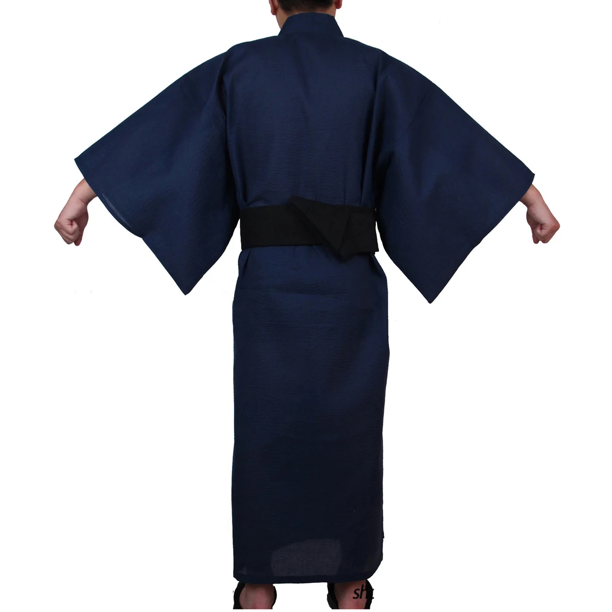 Cotton Navy Japanese Traditional Samurai Kimono For Men Yukata Bathing Robe Hekoobi Sauna Wear Homewear Belt Long Gown