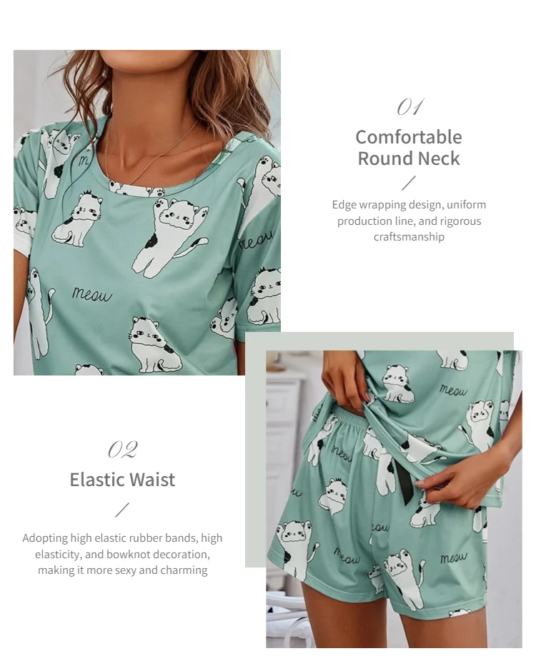 Women's Cartoon Cat Print Cute Pajama Set Summer Short Sleeve Top & Shorts Soft Comfortable Sleepwear Women Home Clothes Pj Sets