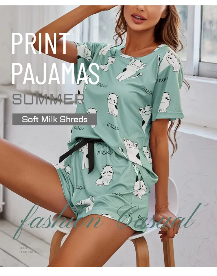 Women's Cartoon Cat Print Cute Pajama Set Summer Short Sleeve Top & Shorts Soft Comfortable Sleepwear Women Home Clothes Pj Sets
