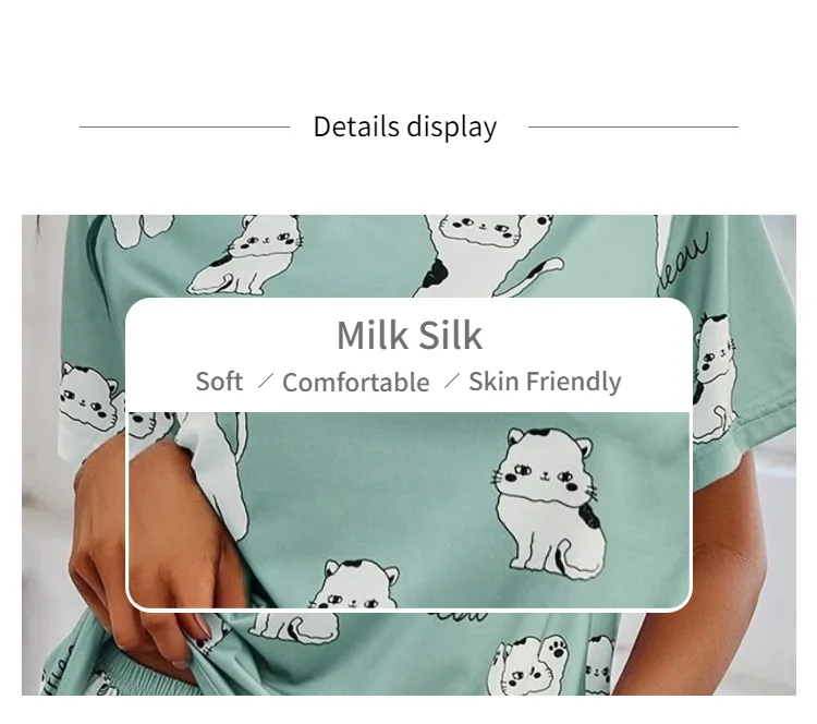 Women's Cartoon Cat Print Cute Pajama Set Summer Short Sleeve Top & Shorts Soft Comfortable Sleepwear Women Home Clothes Pj Sets