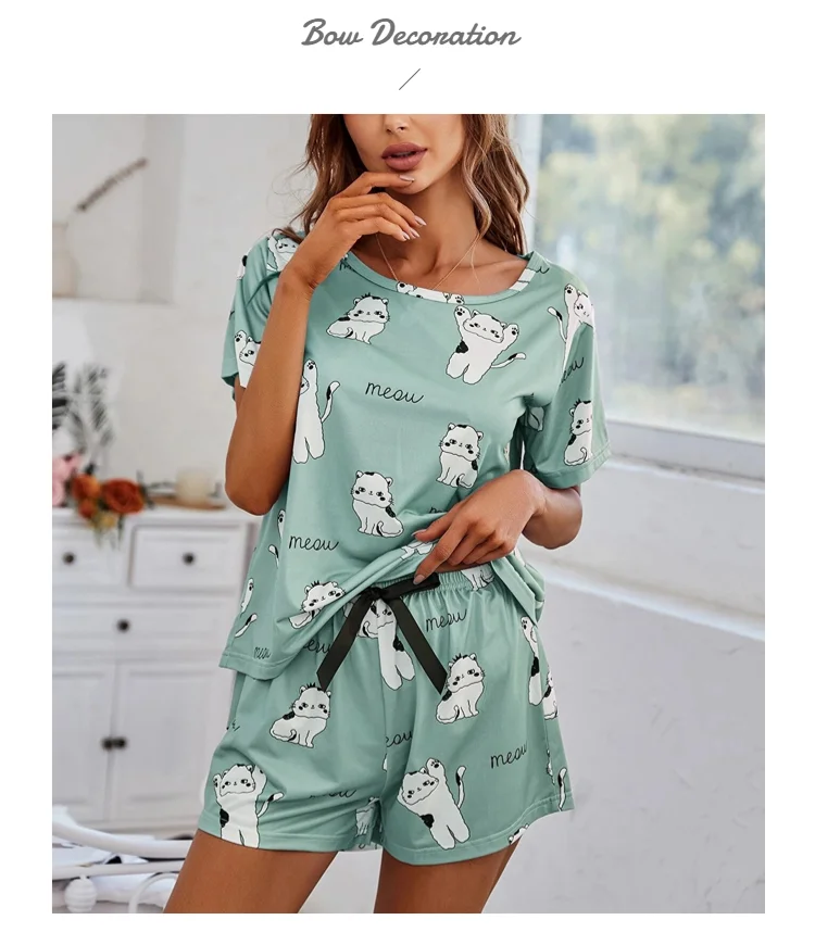 Women's Cartoon Cat Print Cute Pajama Set Summer Short Sleeve Top & Shorts Soft Comfortable Sleepwear Women Home Clothes Pj Sets