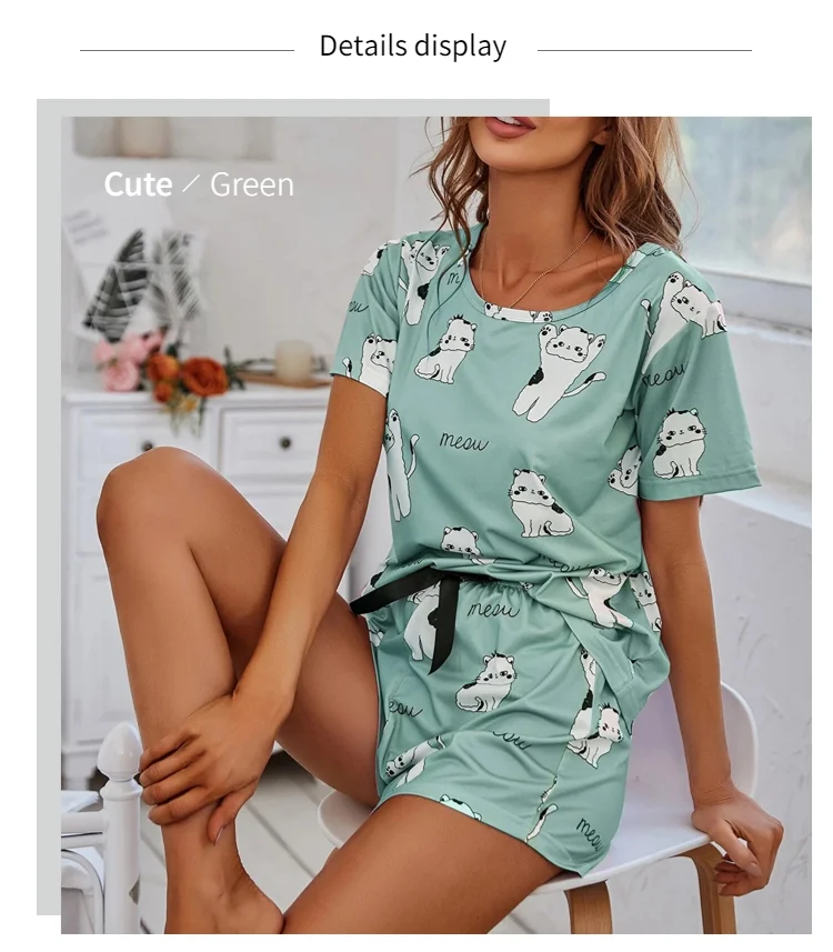 Women's Cartoon Cat Print Cute Pajama Set Summer Short Sleeve Top & Shorts Soft Comfortable Sleepwear Women Home Clothes Pj Sets