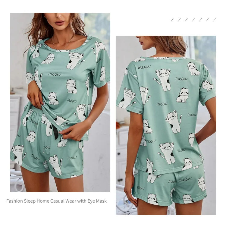 Women's Cartoon Cat Print Cute Pajama Set Summer Short Sleeve Top & Shorts Soft Comfortable Sleepwear Women Home Clothes Pj Sets