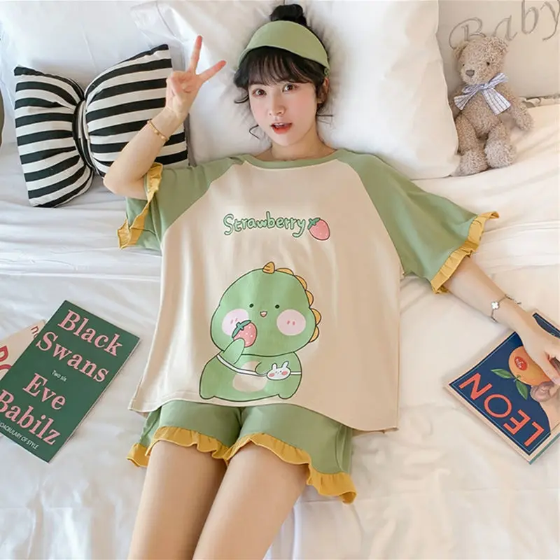 Summer Gilrs Two Pieces Sets Pajamas Shorts O-neck Short Sleeve Thin Homewear With Ruffles Loose Cartoon Printing Big Size Cute