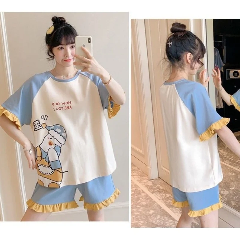 Summer Gilrs Two Pieces Sets Pajamas Shorts O-neck Short Sleeve Thin Homewear With Ruffles Loose Cartoon Printing Big Size Cute