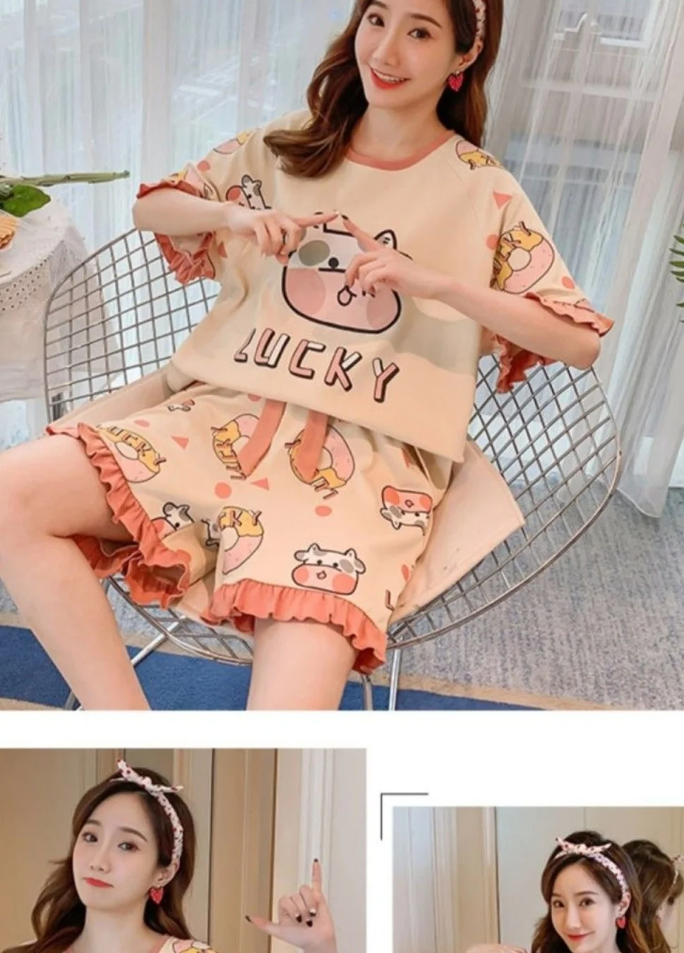 Summer Gilrs Two Pieces Sets Pajamas Shorts O-neck Short Sleeve Thin Homewear With Ruffles Loose Cartoon Printing Big Size Cute