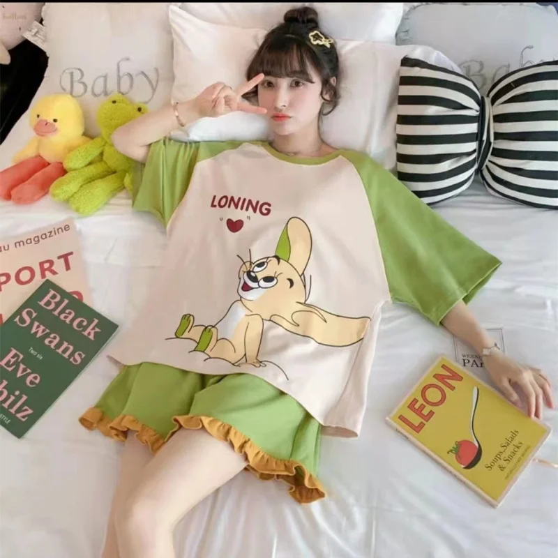 Summer Gilrs Two Pieces Sets Pajamas Shorts O-neck Short Sleeve Thin Homewear With Ruffles Loose Cartoon Printing Big Size Cute