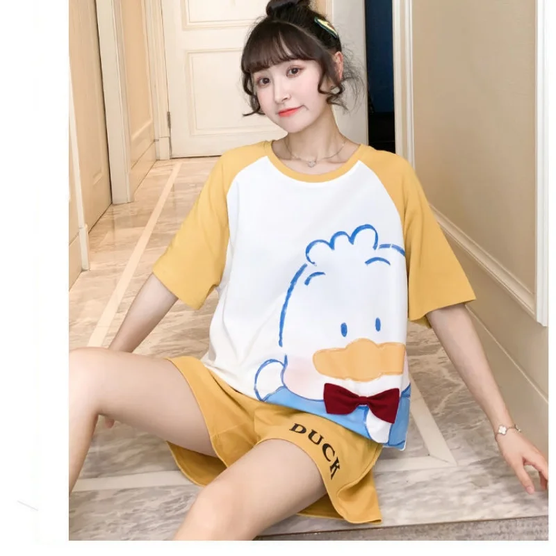 Summer Gilrs Two Pieces Sets Pajamas Shorts O-neck Short Sleeve Thin Homewear With Ruffles Loose Cartoon Printing Big Size Cute