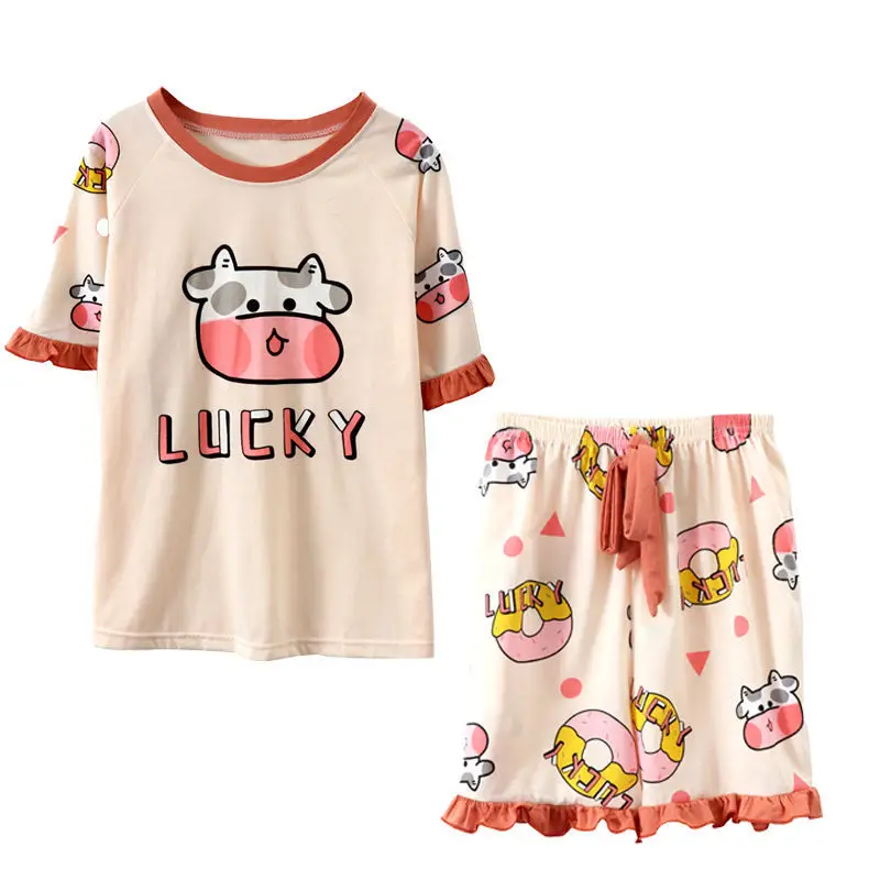 Summer Gilrs Two Pieces Sets Pajamas Shorts O-neck Short Sleeve Thin Homewear With Ruffles Loose Cartoon Printing Big Size Cute