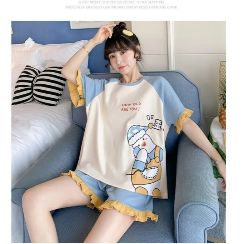 Summer Gilrs Two Pieces Sets Pajamas Shorts O-neck Short Sleeve Thin Homewear With Ruffles Loose Cartoon Printing Big Size Cute