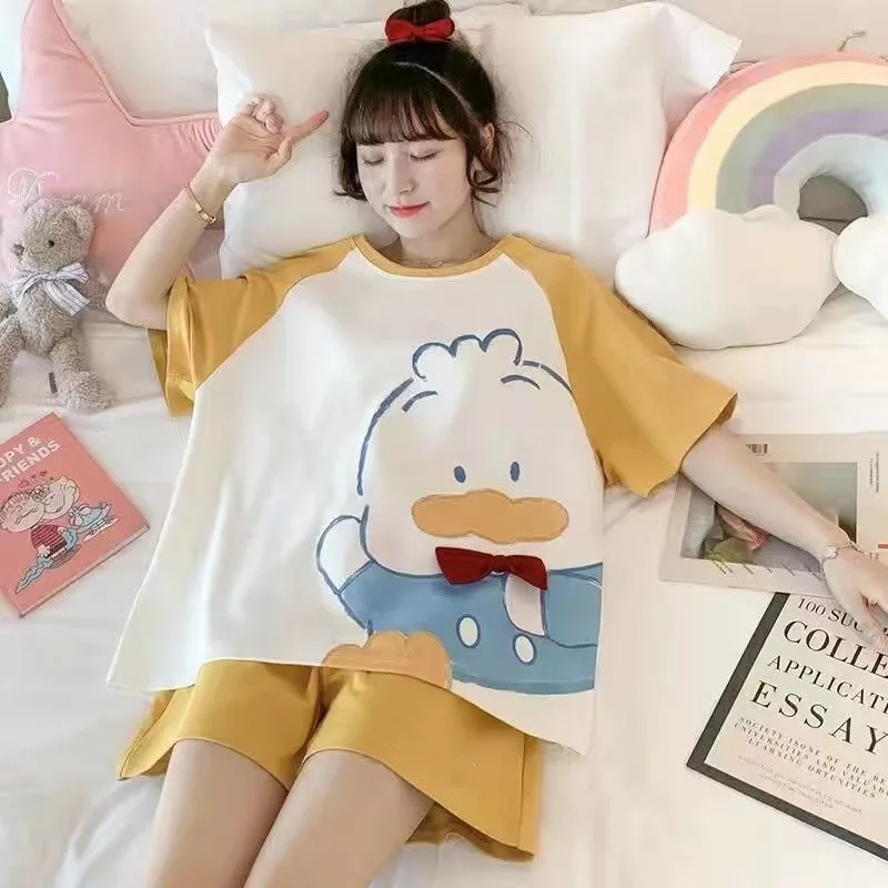 Summer Gilrs Two Pieces Sets Pajamas Shorts O-neck Short Sleeve Thin Homewear With Ruffles Loose Cartoon Printing Big Size Cute