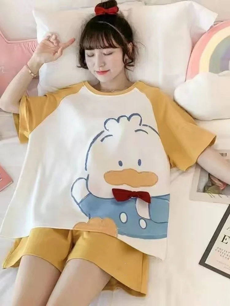 Summer Gilrs Two Pieces Sets Pajamas Shorts O-neck Short Sleeve Thin Homewear With Ruffles Loose Cartoon Printing Big Size Cute