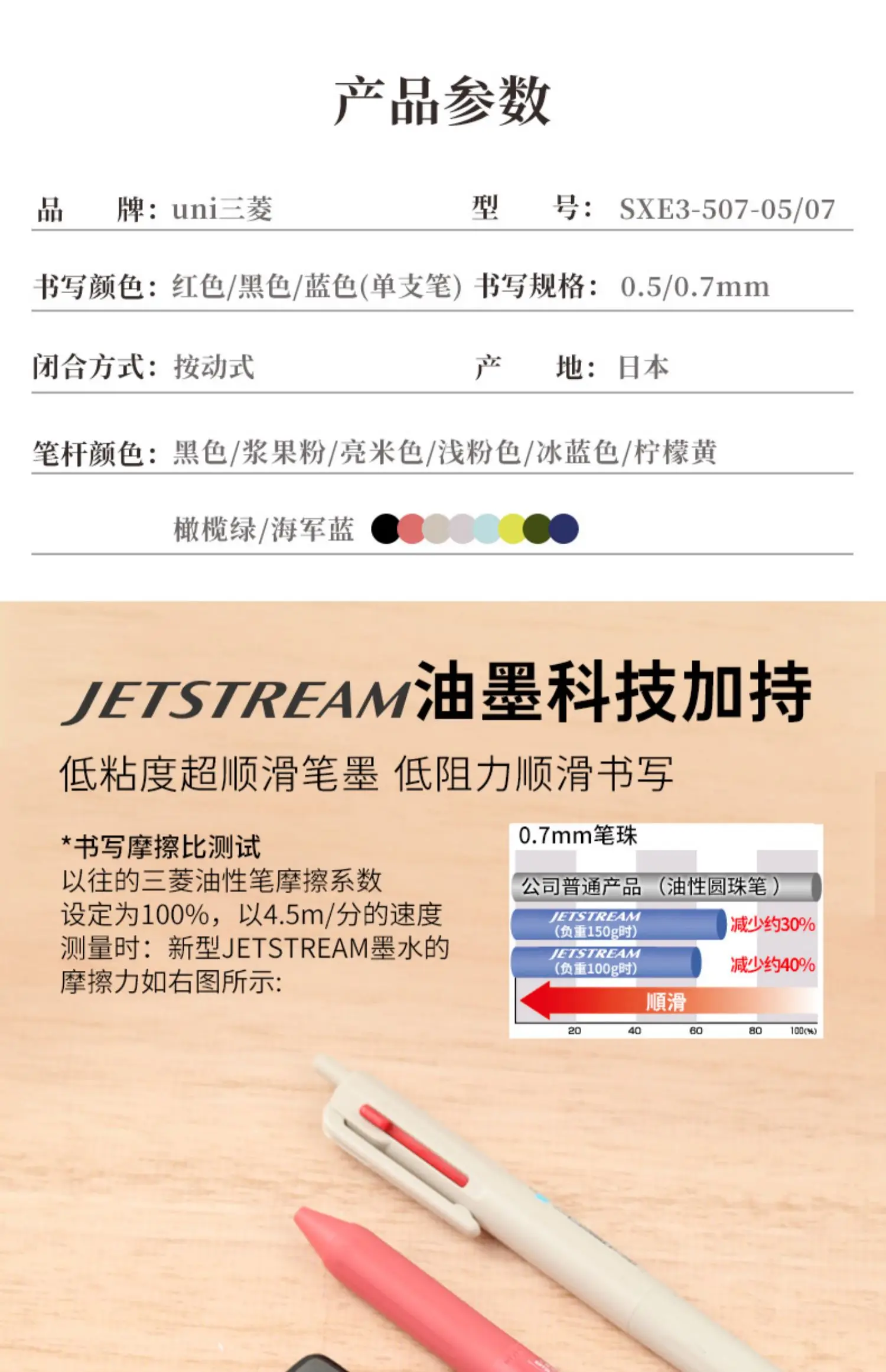 Japan Uni 3 in 1 Multifunctional Gel Pen Jetstream Retractable Ballpoint Pens 0.7mm/0.5mm SXE3-507 Smooth Writing Stationery