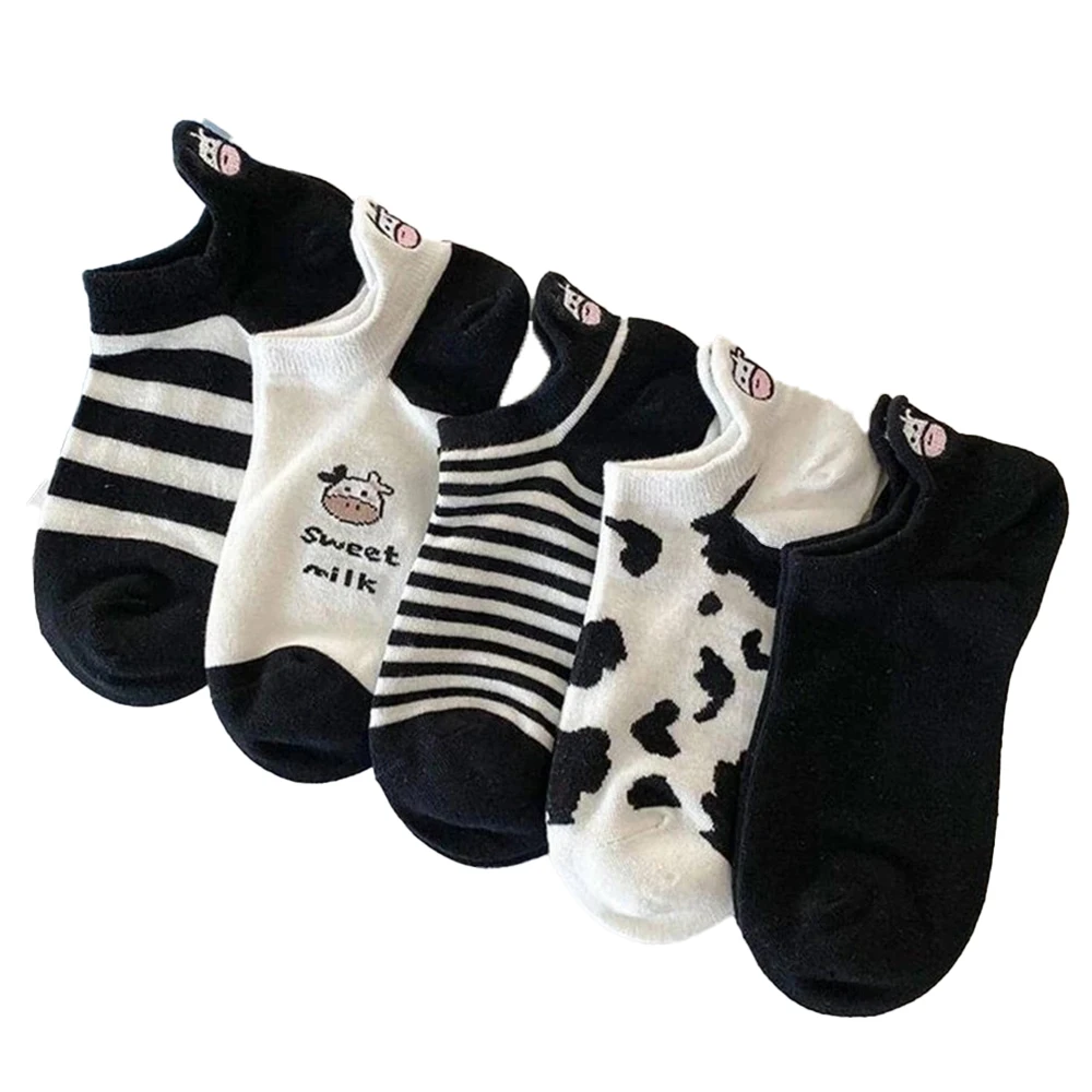 5 Pairs Women Cow Patterned Boat Socks Trendy Versatile Cartoon Striped Girl Socks Soft Comfortable Breathable Casual Socks