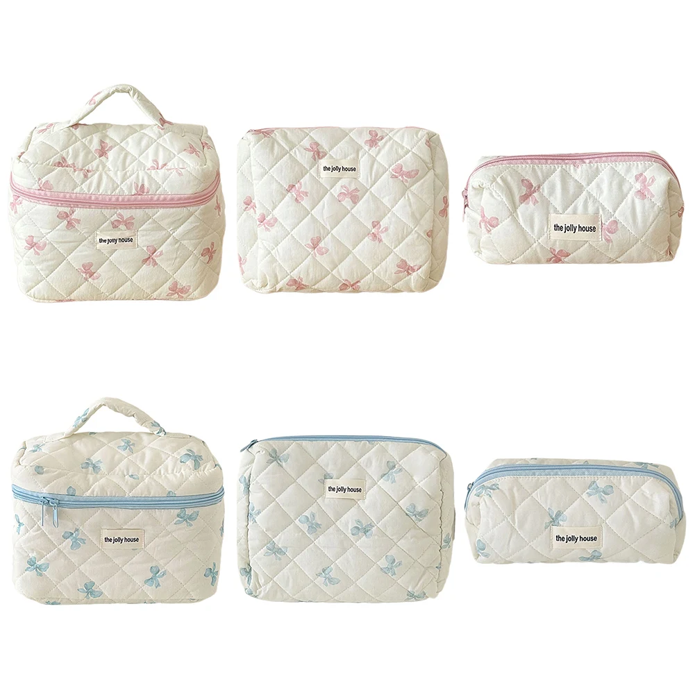Cute Bow Flower Quilting Cotton Makeup Bag Women Zipper Cosmetic Organizer Female Cloth Handbag Portable Toiletry Case for Girls