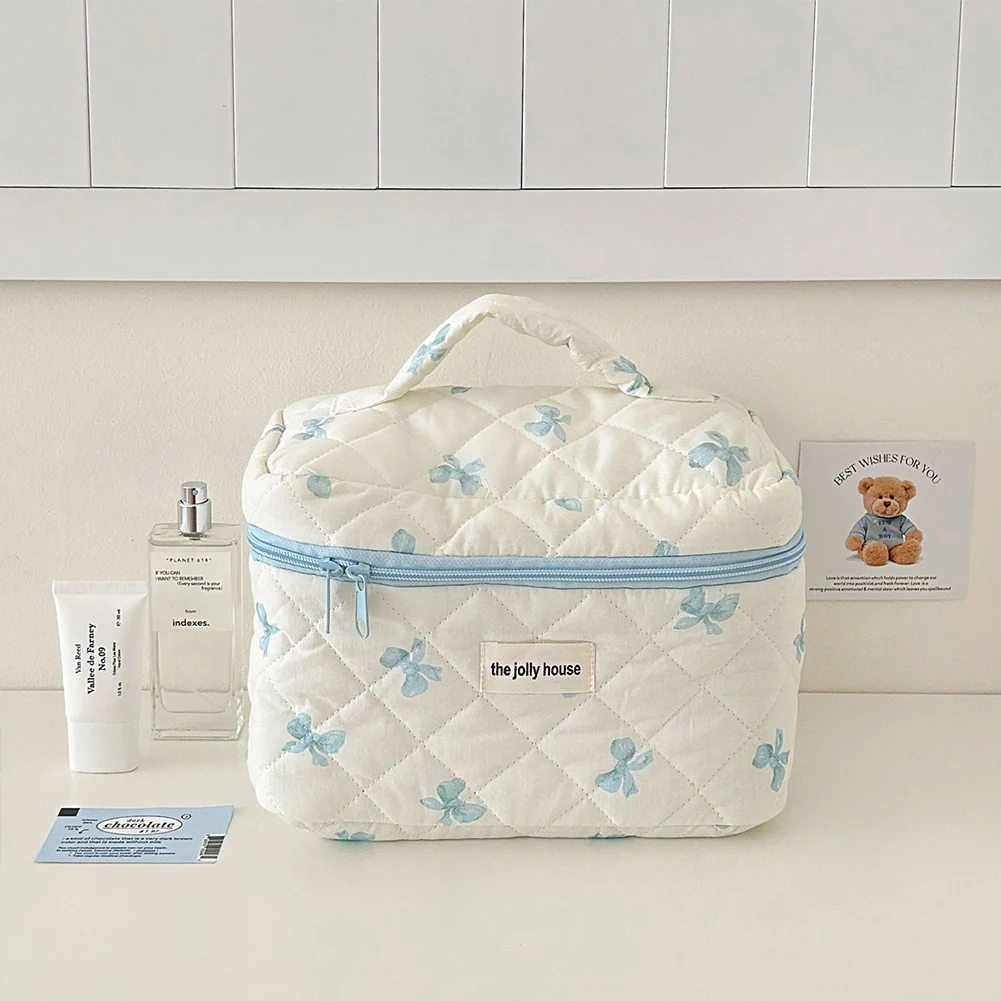 Cute Bow Flower Quilting Cotton Makeup Bag Women Zipper Cosmetic Organizer Female Cloth Handbag Portable Toiletry Case for Girls