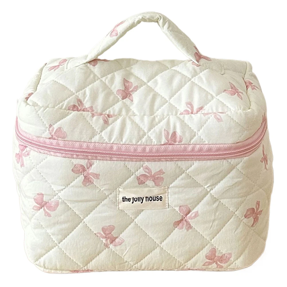 Cute Bow Flower Quilting Cotton Makeup Bag Women Zipper Cosmetic Organizer Female Cloth Handbag Portable Toiletry Case for Girls