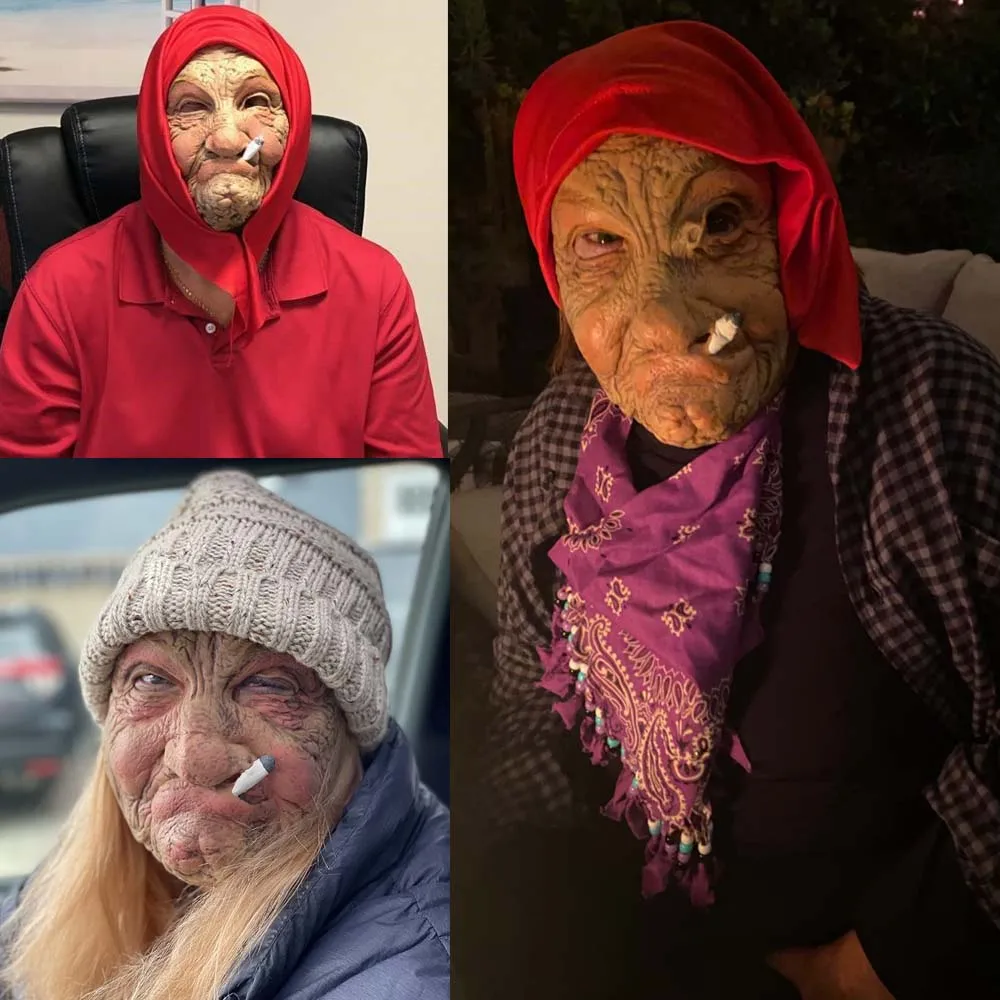Smoking Old Nana Granny Latex Mask Cosplay Funny Grandma Red Scarf Masks Halloween Carnival Dress Up Purim Party Costume Props
