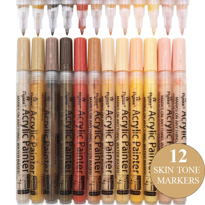12 Colors 0.7mm/Brush Tip Skin Tone Acrylic Paint Pens Set, Paint Markers for Wood,Glass,Fabric,Rocks Painting Paint Pens Art