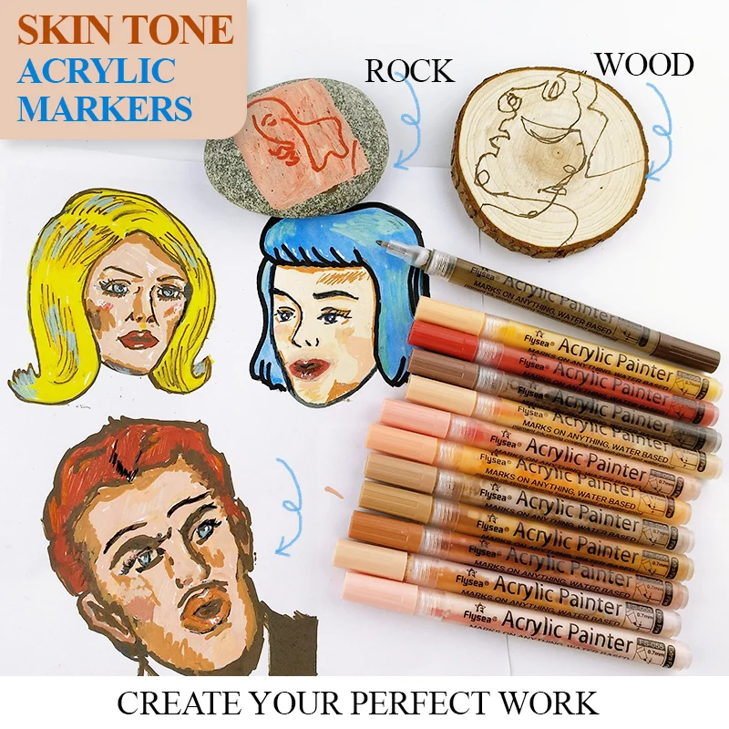 12 Colors 0.7mm/Brush Tip Skin Tone Acrylic Paint Pens Set, Paint Markers for Wood,Glass,Fabric,Rocks Painting Paint Pens Art
