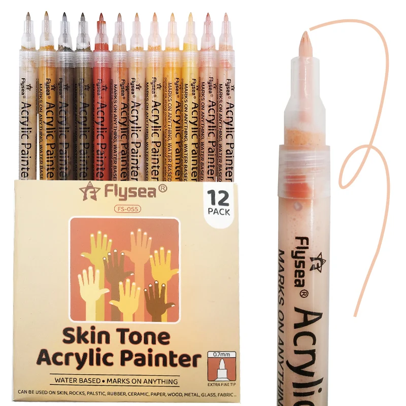 12 Colors 0.7mm/Brush Tip Skin Tone Acrylic Paint Pens Set, Paint Markers for Wood,Glass,Fabric,Rocks Painting Paint Pens Art