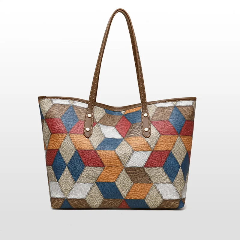 2024 New Women's Large Capacity Commuter Handbag Casual PU Leather Patchwork Tote Bag Fashionable Underarm Single Shoulder Bag