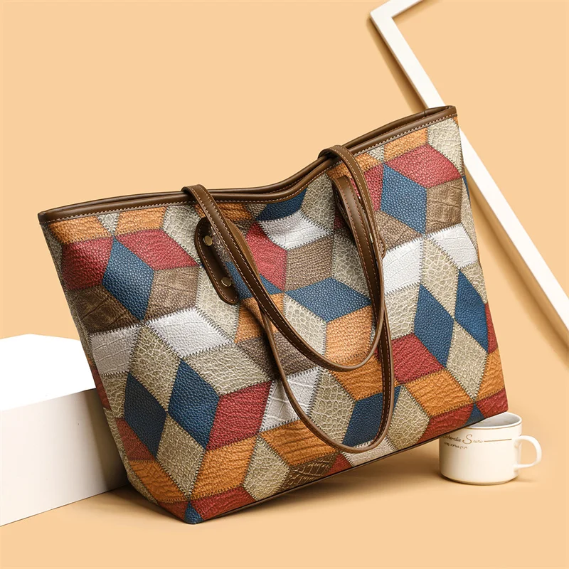 2024 New Women's Large Capacity Commuter Handbag Casual PU Leather Patchwork Tote Bag Fashionable Underarm Single Shoulder Bag
